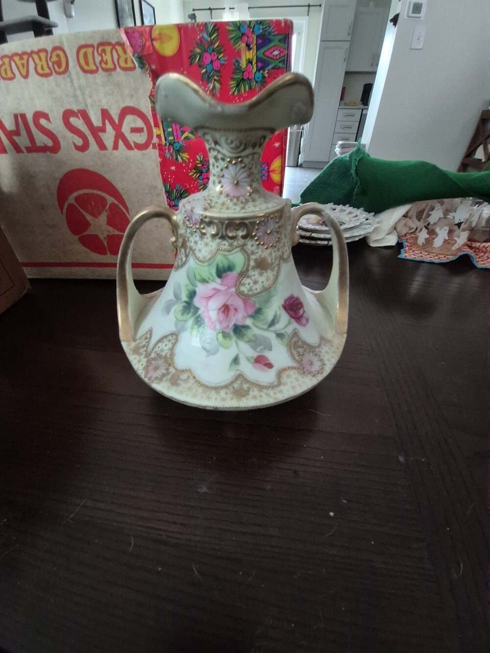Nippon Hand Painted Moriage Rose Double Handle Vase